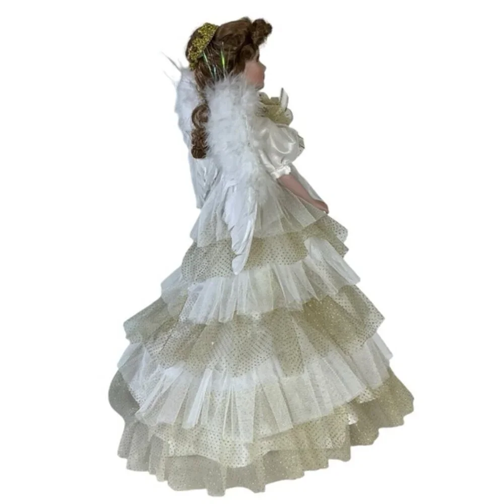 Vintage Porcelain Angel Doll 19” Brunette with Stand Gold White Lace Gown 1989